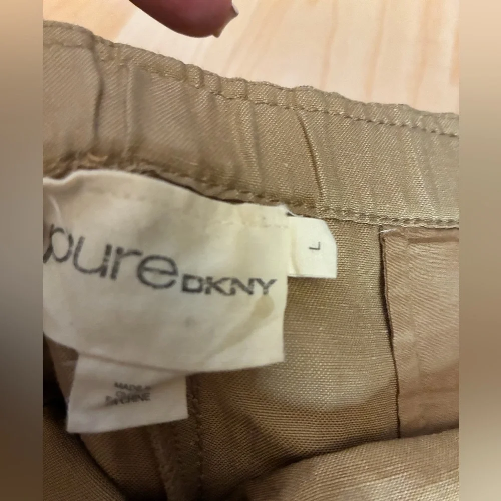 pure DKNY Silk Linen Blend Wide Leg Cropped Drawstring Pants - Khaki Tan Size L